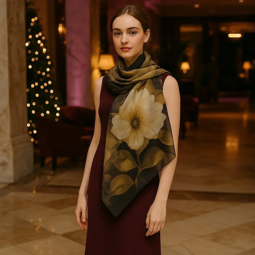 Gottex Sheer Floral Silk Scarf Wrap – Neutral Gold & Black